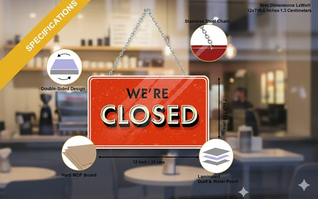 Reversible "WE'RE OPEN / SORRY WE'RE CLOSED" MDF Wood Hanging Sign Board | 11x5 Inch Sleek Design for Shops, Cafes, and Offices