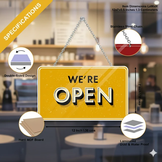 Reversible "WE'RE OPEN / SORRY WE'RE CLOSED" MDF Wood Hanging Sign Board | 11x5 Inch Sleek Design for Shops, Cafes, and Offices