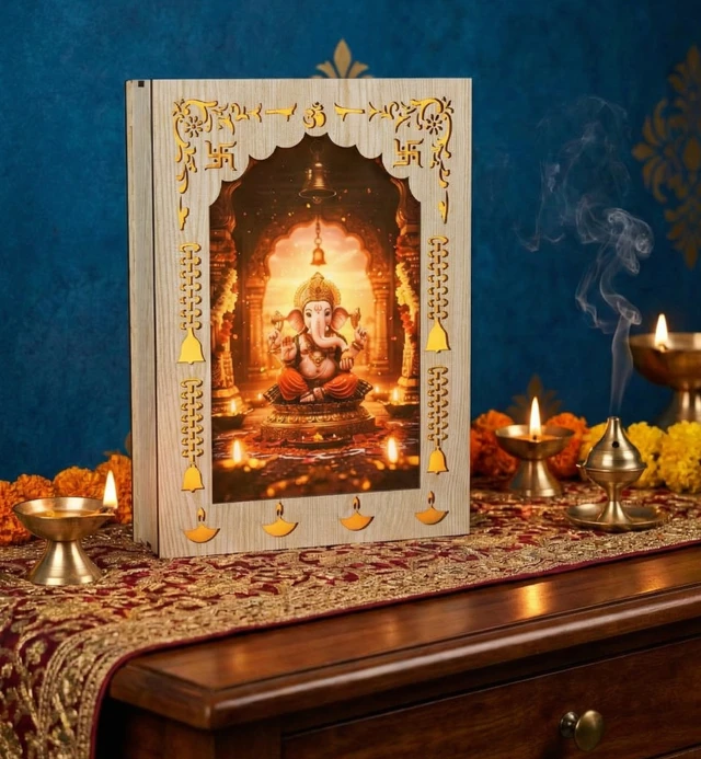 Ganesha 3D LED Wooden Frame - Premium Laser-Cut Backlit Wall Hanging & Tabletop Decor  for Home, Office, Pooja Mandir (Warm Golden Glow)