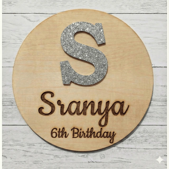 Personalised Wooden Name Board with Glitter Alphabet Initial – Custom Birthday Decor for Any Age | Handmade Laser-Cut Name Plate for Parties, Room Décor & Gift