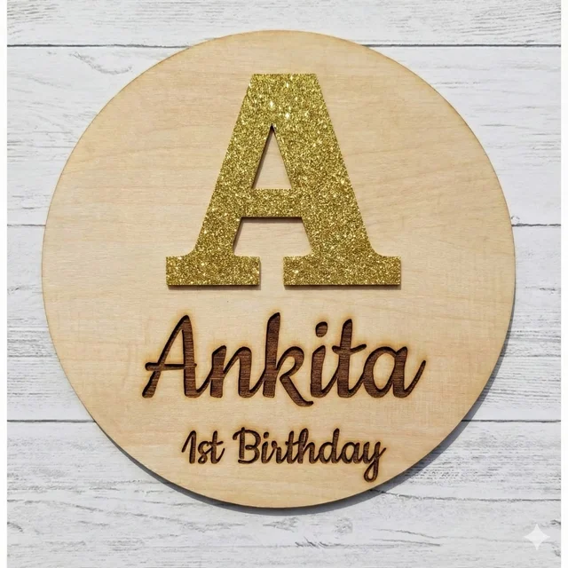 Personalised Wooden Name Board with Glitter Alphabet Initial – Custom Birthday Decor for Any Age | Handmade Laser-Cut Name Plate for Parties, Room Décor & Gift - 12x12 Inch