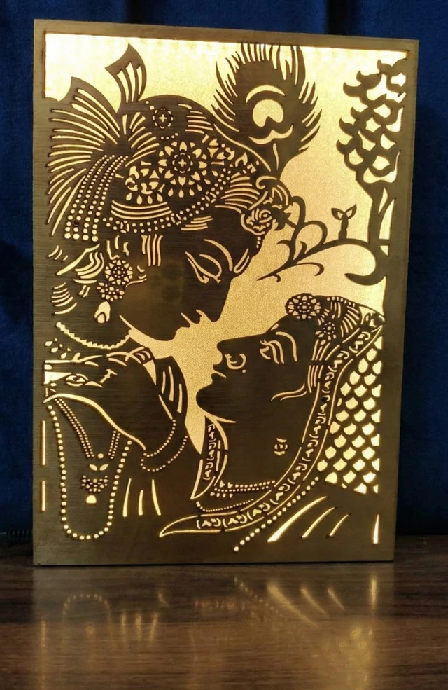Radha Krishna Golden MDF Portrait Light Box | Laser Cut Decorative LED Lamp | Warm White Sparkle Light | Wooden Home Décor | 8 x 12 Inch approx