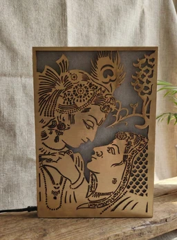 Radha Krishna Golden MDF Portrait Light Box | Laser Cut Decorative LED Lamp | Warm White Sparkle Light | Wooden Home Décor | 8 x 12 Inch approx