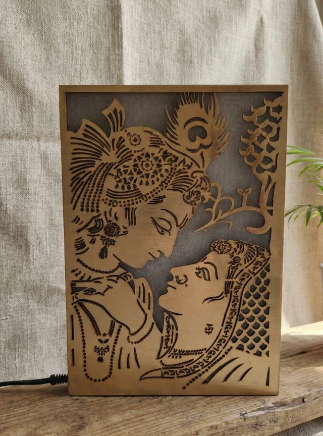 Radha Krishna Golden MDF Portrait Light Box | Laser Cut Decorative LED Lamp | Warm White Sparkle Light | Wooden Home Décor | 8 x 12 Inch approx