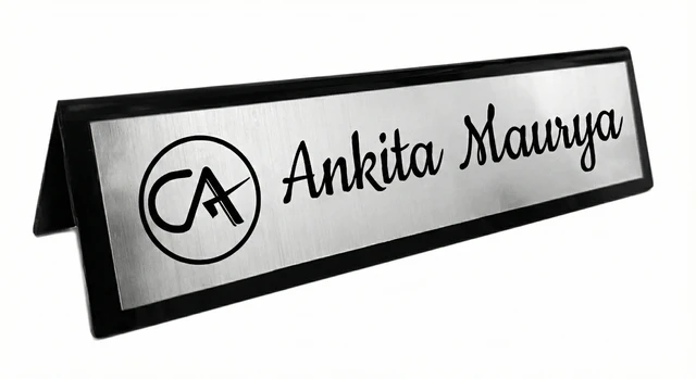 Customized Name Plate for Office Desk (10x2.5 Inch) - Premium Acrylic Table Top Name Board with Logo - Personalized Gift for Boss, Doctor, Lawyer, Teacher - Custom Text Both Sides Available - Golden