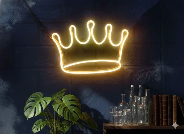 LED Neon Crown Wall Sign – Warm Yellow Golden Glow | Premium Neon Light for Birthday Decoration, King & Queen Theme Parties, Bedroom Wall Decor, and Gifting (30 x 25 cm)