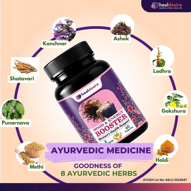 HealDesire Women's Health- Mood & Energy Booster | Improves Mood, Boosts Energy | Ayush Approved Ayurvedic | 8 Active Herbs- Natural, Safe | Vegetarian 60 Caps