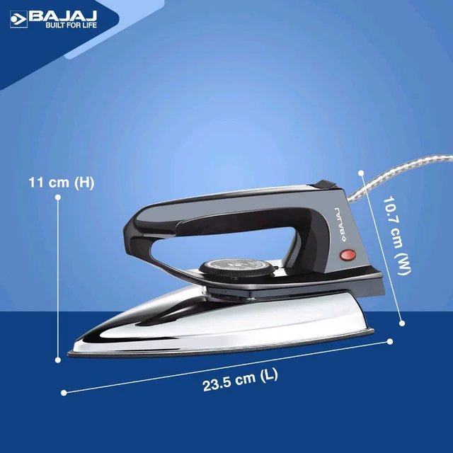 Bajaj DX-2 600W Dry Iron | Advance Soleplate And Anti-Bacterial German Coating Technology | 180 Degree Swivel Cord | Cool Touch Handle | 2-Yrs Warranty ?Black?, 600 watts, Stainless Steel