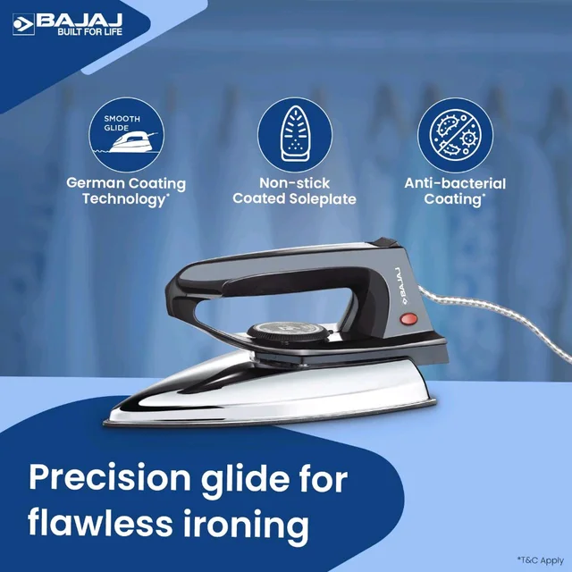 Bajaj DX-2 600W Dry Iron | Advance Soleplate And Anti-Bacterial German Coating Technology | 180 Degree Swivel Cord | Cool Touch Handle | 2-Yrs Warranty ?Black?, 600 watts, Stainless Steel