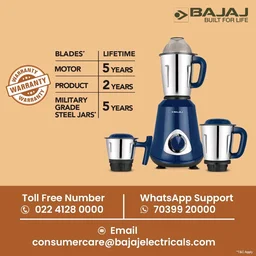 Bajaj Military Series Glamore 800W Mixer Grinder | 3 Stainless Steel Military Grade Jars* | DuraCut® Blades | 2 Yrs Warranty 【Royal Blue】
