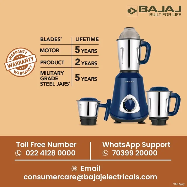 Bajaj Military Series Glamore 800W Mixer Grinder | 3 Stainless Steel Military Grade Jars* | DuraCut® Blades | 2 Yrs Warranty 【Royal Blue】