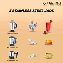 Bajaj Military Series Glamore 800W Mixer Grinder | 3 Stainless Steel Military Grade Jars* | DuraCut® Blades | 2 Yrs Warranty 【Royal Blue】