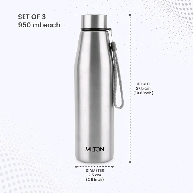 Milton MILTON Drift 1000 Stainless Steel Water Bottle 950 ml, Set of 3, Single Walled, ISI Certified I Leak Proof Lid, Rust Proof I For School, Office, Gym I Silver