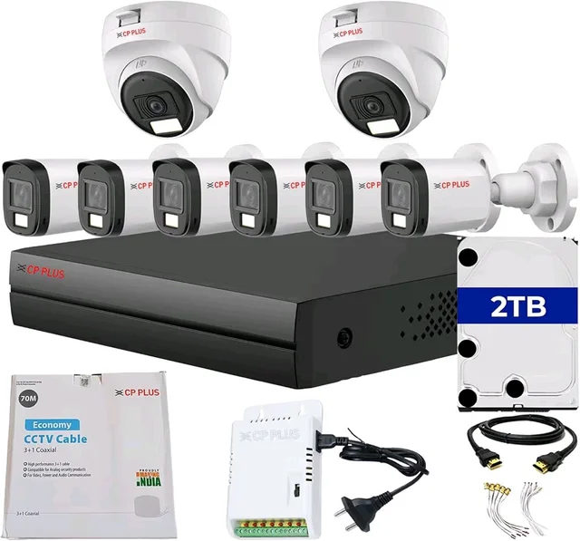 Cp Plus CP PLUS 8 channel DVR with 2MP 6x OUTDOOR & 2x INDOOR, Built-in Audio Mic, Dual Light Color Night Vision wired CCTV Cameras, Motion Detection, 8 Channel SMPS, 70 Meters Cable, 2TB HDD, Required BNC/DC