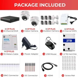 Cp Plus CP PLUS 8 channel DVR with 2MP 6x OUTDOOR & 2x INDOOR, Built-in Audio Mic, Dual Light Color Night Vision wired CCTV Cameras, Motion Detection, 8 Channel SMPS, 70 Meters Cable, 2TB HDD, Required BNC/DC