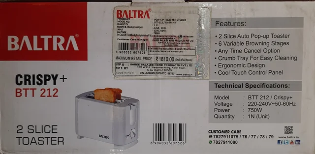 Baltra crispy+ BTT212-2slice toaster-2years warranty-1U