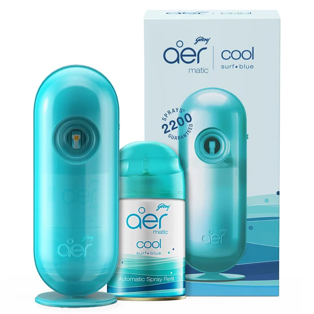 GODREJ AER MATIC AUTOMATIC SPRAY MACHINE (2200 SPRAYS) COOL SURF BLUE NET 210 ML (CONTENT - 1U AIR MATIC DEVICE, 1U REFILL, 1 AA BATTERIES)
