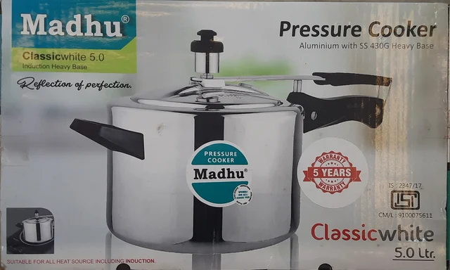 Madhu classic white 5.0 Ltrs. induction heavy weight aluminium pressure cooker - 5Ltrs., White