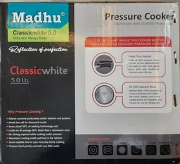 Madhu classic white 5.0 Ltrs. induction heavy weight aluminium pressure cooker - 5Ltrs., White