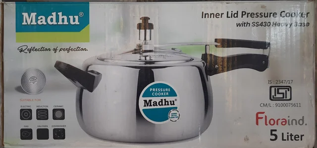 Madhu Floraind aluminium pressure cooker-5 Ltrs.-induction base-5 years warranty - 5Ltrs., white