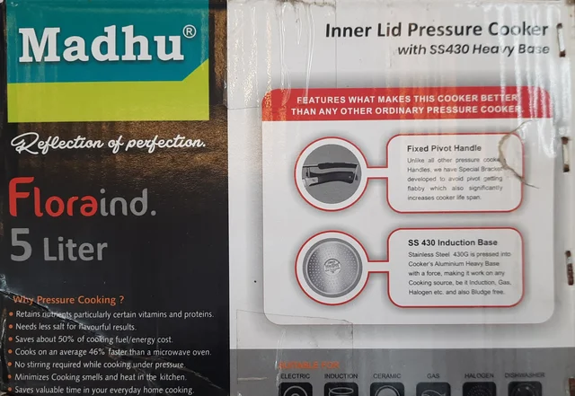 Madhu Floraind aluminium pressure cooker-5 Ltrs.-induction base-5 years warranty - 5Ltrs., white