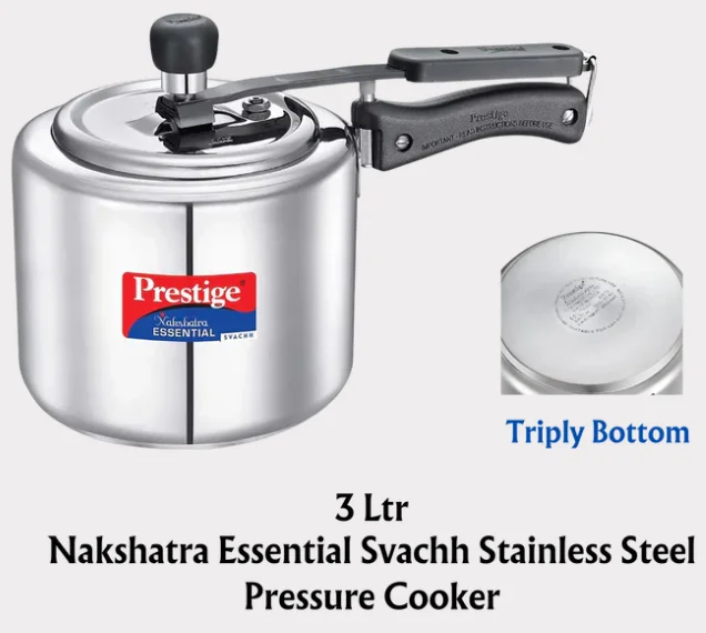 Prestige nakshatra essentials svachh stainless steel pressure cooker 3.0Ltrs.- 5 years warranty