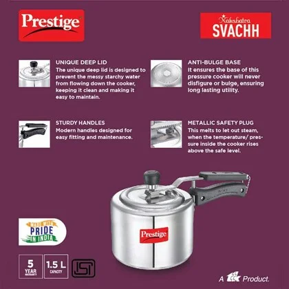 Prestige nakshatra svachh aluminium pressure cooker 1.5Ltrs.- 5years warranty