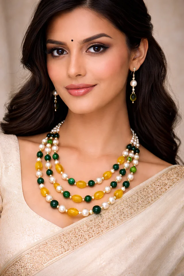 Rishmita Collection Stylish Green Yellow Pearl Beads Necklace | Traditional Multicolor Mala for Women & Girls - Adjustable