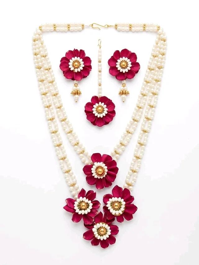 Royal Magenta Rose & Jasmine Fresh Floral Jewellery Set for Haldi, Mehndi & Wedding - Large, pink