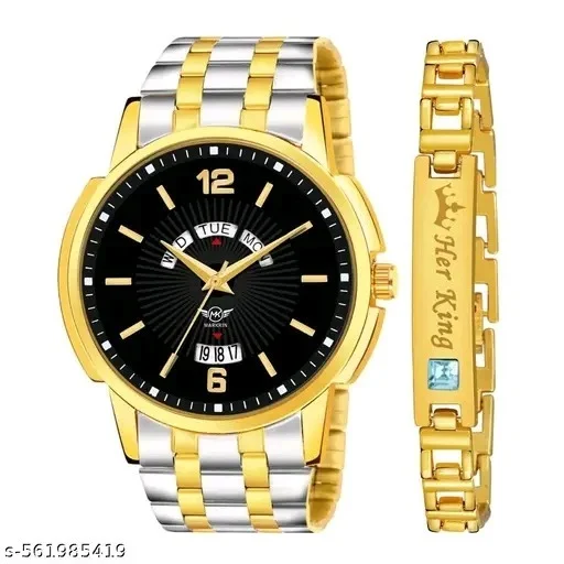 Gold Plated | Studded | 3D Cut Glass | Day and Date Analog Watch - For Men 626-GOLD-BRACELET-GOLD-DD - Free Size, Golden