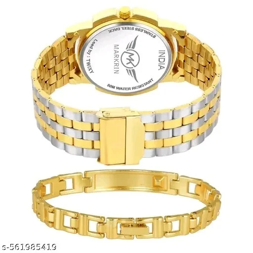 Gold Plated | Studded | 3D Cut Glass | Day and Date Analog Watch - For Men 626-GOLD-BRACELET-GOLD-DD - Free Size, Golden