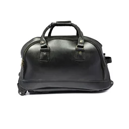 Premium Genuine Leather 2 Wheeler Trolley Travel Bag - 22 Inches, Black