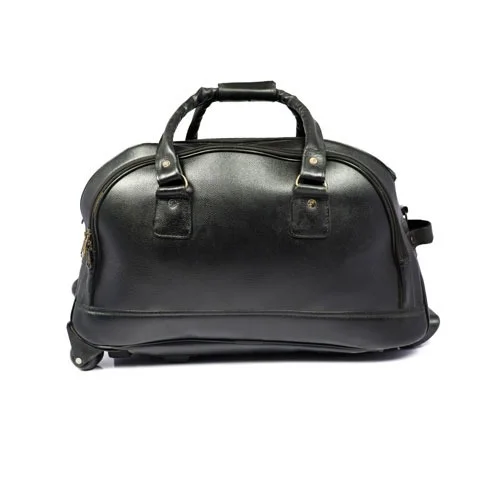 Premium Genuine Leather 2 Wheeler Trolley Travel Bag - 22 Inches, Black