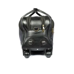 Premium Genuine Leather 2 Wheeler Trolley Travel Bag - 22 Inches, Black