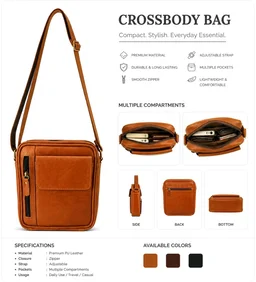 Premium Leather Crossbody Sling Bag for Unique – Compact Multi Pocket Daily Use Bag - Standard, Tangerine
