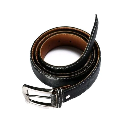 Genuine Leather Men's Black Belt – Classic Pin Buckle Formal Wear - Available Sizes: 32, 34, 36, 38, 40. (Inches), Black