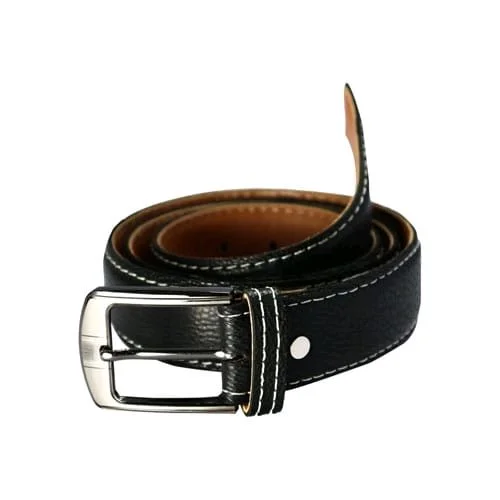 Genuine Leather Men's Black Belt – Classic Pin Buckle Formal Wear - Available Sizes: 32, 34, 36, 38, 40. (Inches), Black