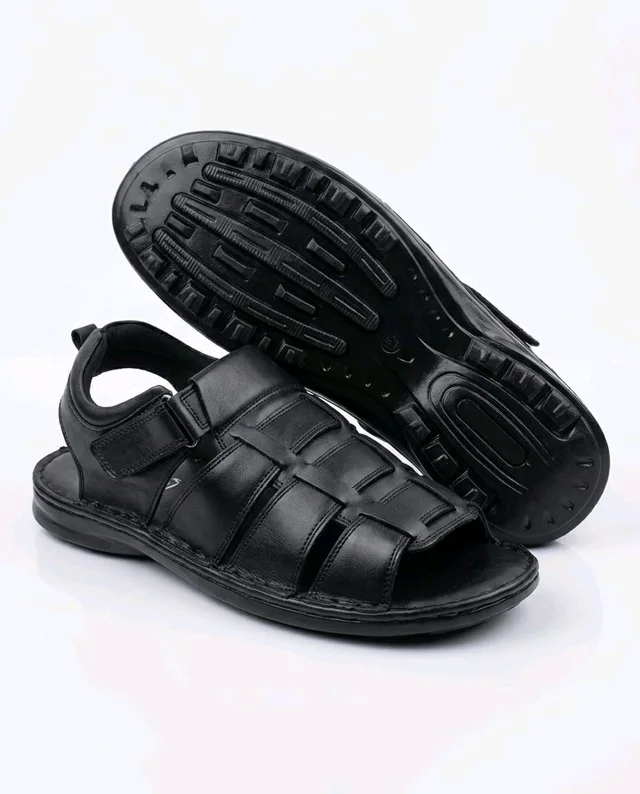 Premium Black Genuine Leather Sandals for Men | Adjustable Velcro Comfort