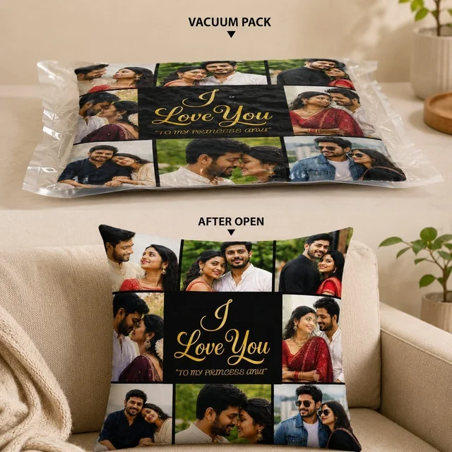 GIFTFLIX Customized 8 Photo Collage Pillow with Center Name & Text – Square Personalized Cushion (30x30 cm) for Couples, Birthday & Anniversary