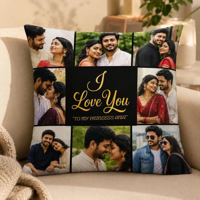 Customized 8 Photo Collage Pillow with Center Name & Text – Square Personalized Cushion (30x30 cm) for Couples, Birthday & Anniversary