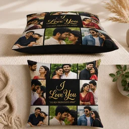 GIFTFLIX Customized 8 Photo Collage Pillow with Center Name & Text – Square Personalized Cushion (30x30 cm) for Couples, Birthday & Anniversary
