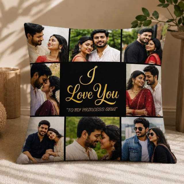 GIFTFLIX Customized 8 Photo Collage Pillow with Center Name & Text – Square Personalized Cushion (30x30 cm) for Couples, Birthday & Anniversary