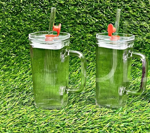 Single Clour Handle Glass Tumbler with Lid - 380ml- Glass Sipper with Straw for Coffee Green Tea Fruit Juice Mojito Milk Cup Mug with Straw and Lid