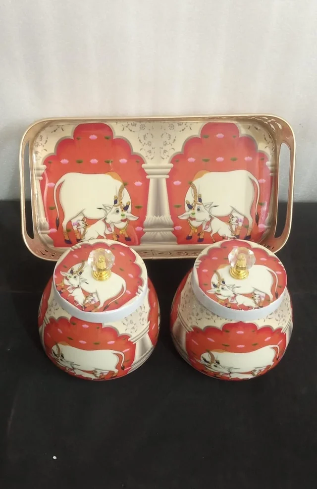 New pichwai set with rectangular tray and 2 jars