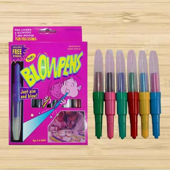 Blow Pens 🌬️ Includes 6 Blow Pens 3 play Drawings 1 stencil
