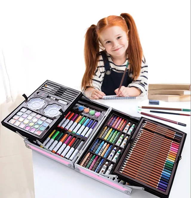 145 pc coloring suitcase pencil colors, water colors, brushes, sketch pens, oil pastels, Coloring tray sets - Girl