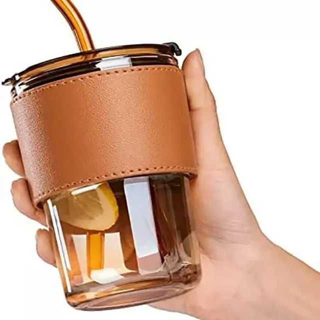 Glass sipper with leather grip cover Spill proof
