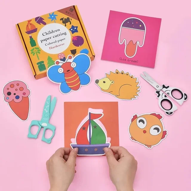 Children's Paper Cut Set, Scissors Craft Set for Children, DIY Scissors Skills for Children, Early Learning Development Toy in Nursery, Children's Safety Scissors + 48 Sheets of Paper Design random only