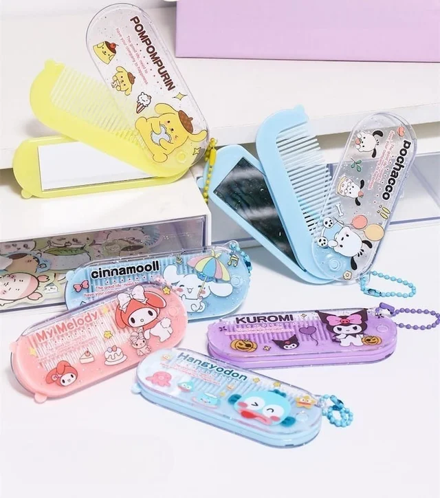 Cartoon foldable mirror with comb keychain