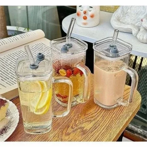 Single Clour Handle Glass Tumbler with Lid - 380ml- Glass Sipper with Straw for Coffee Green Tea Fruit Juice Mojito Milk Cup Mug with Straw and Lid. Color random only Box packing - White